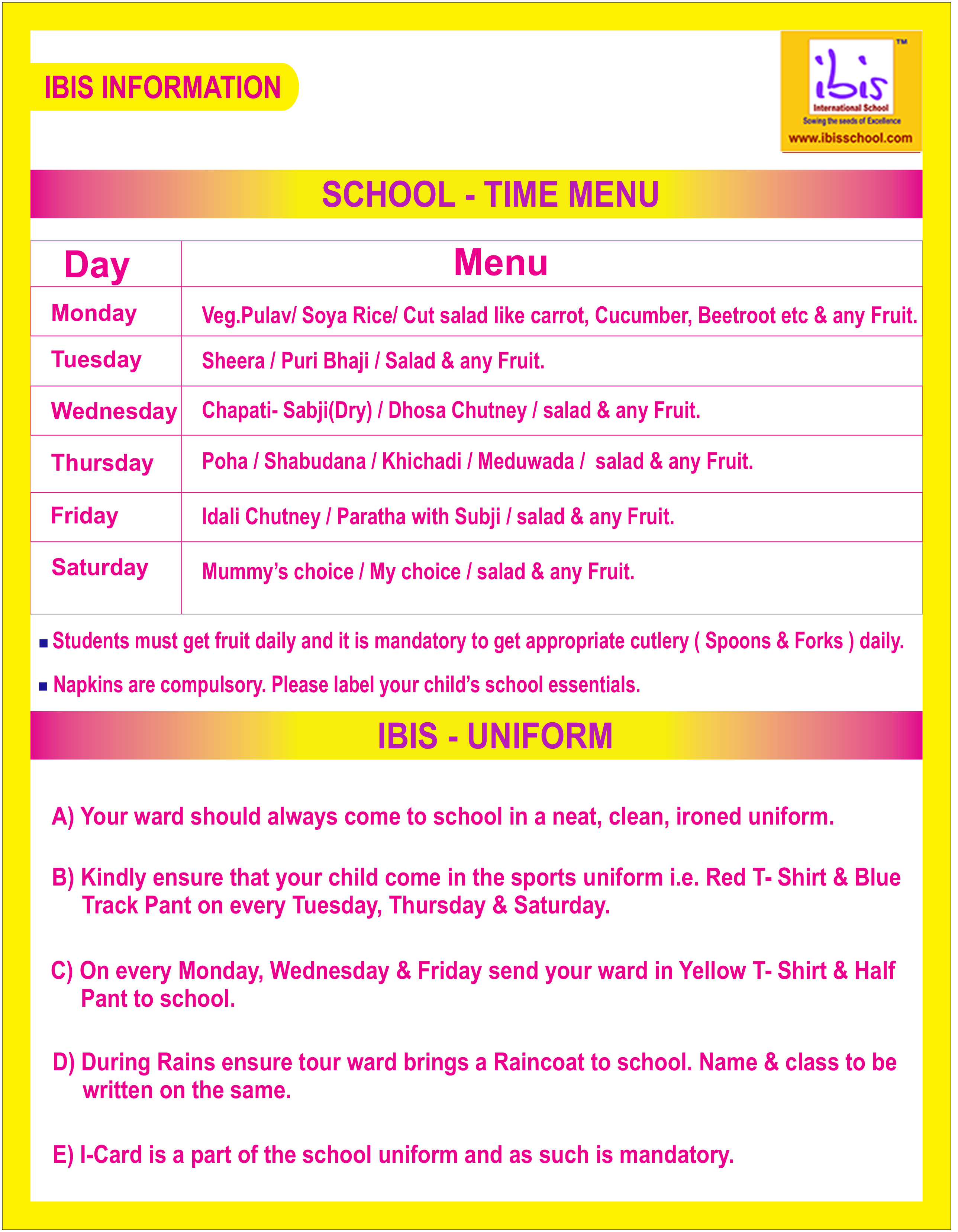 Ibis School time-table  images